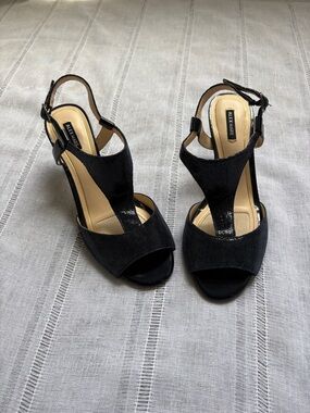 Alex Marie Navy Open-Toe T-Strap Slingback Heels